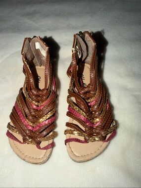 Old Navy Brown Strappy Sandals with Pink & Gold Braided Accents